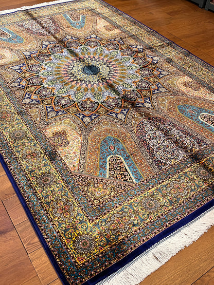 5x8 Multicolor Silk Rug – Architectural Starburst Medallion with Turquoise & Gold Details