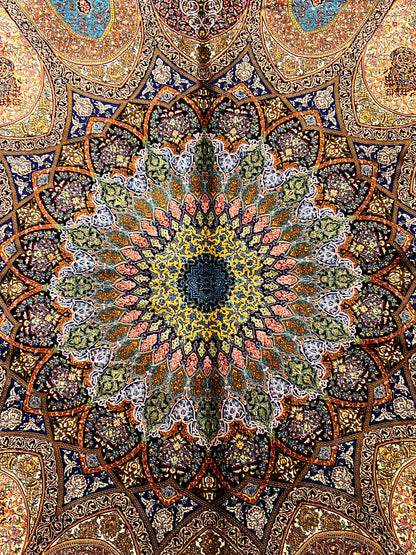 5x8 Multicolor Silk Rug – Architectural Starburst Medallion with Turquoise & Gold Details