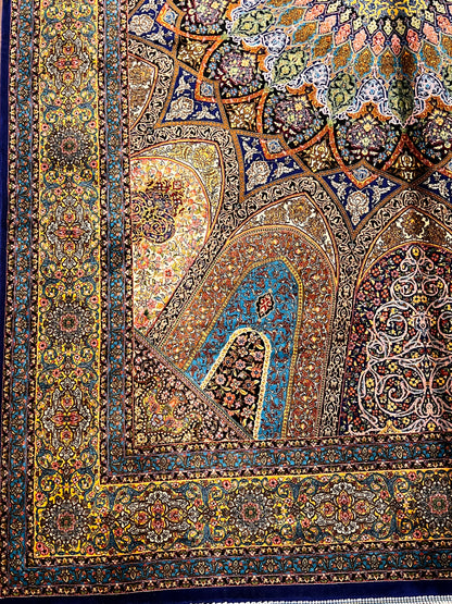 5x8 Multicolor Silk Rug – Architectural Starburst Medallion with Turquoise & Gold Details