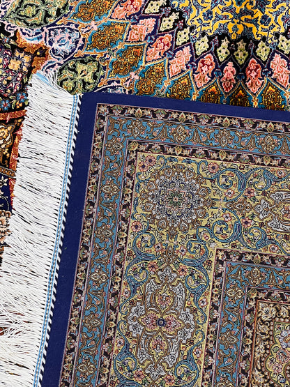 5x8 Multicolor Silk Rug – Architectural Starburst Medallion with Turquoise & Gold Details