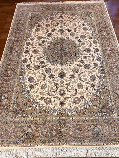 5x8 Ivory & Taupe Silk Rug – Refined Floral Medallion Design with Elegant Neutral Tones