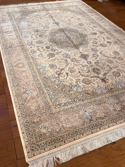 5x8 Ivory & Taupe Silk Rug – Refined Floral Medallion Design with Elegant Neutral Tones