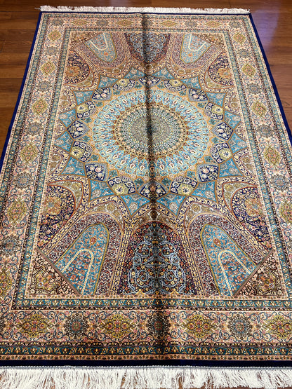 5×8 Bamboo Silk Rug – Turquoise Blue Architectural Medallion Design – Woven in Turkey