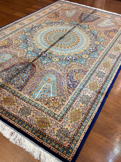 5×8 Bamboo Silk Rug – Turquoise Blue Architectural Medallion Design – Woven in Turkey