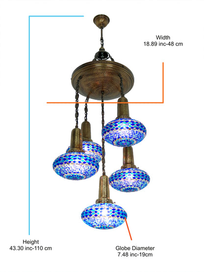 Turkish Mosaic Chandelier 5-Globe Short Model Sultan Design