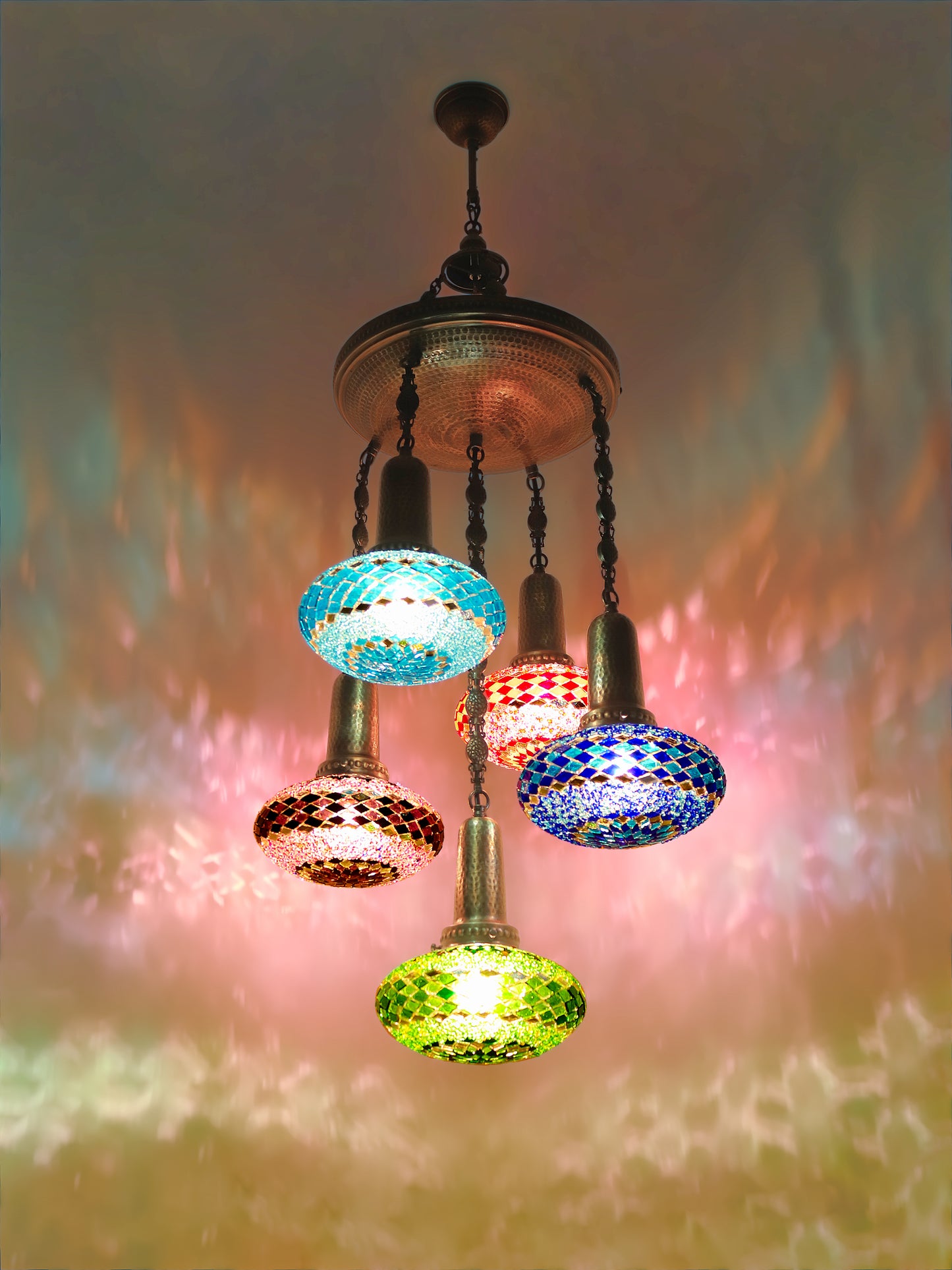 Turkish Mosaic Chandelier 5-Globe Short Model Sultan Design