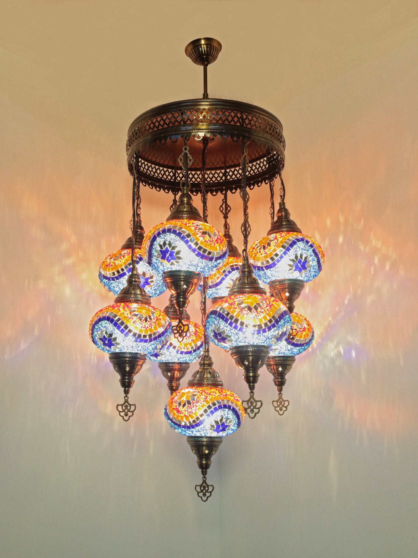 Turkish Mosaic Chandelier – 9 Globe Handmade Hanging Lamp Set