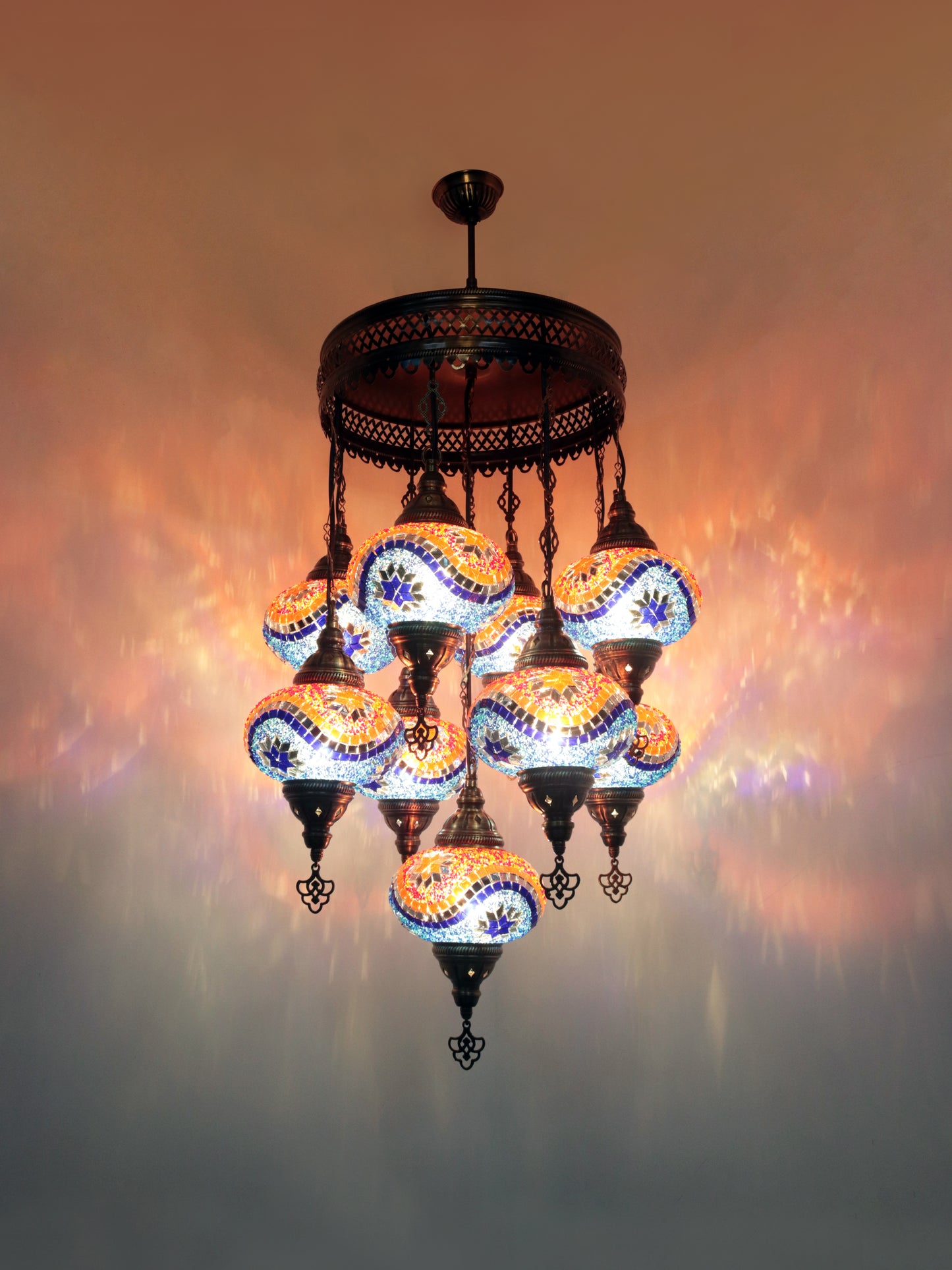 Turkish Mosaic Chandelier – 9 Globe Handmade Hanging Lamp Set
