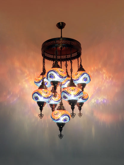 Turkish Mosaic Chandelier – 9 Globe Handmade Hanging Lamp Set