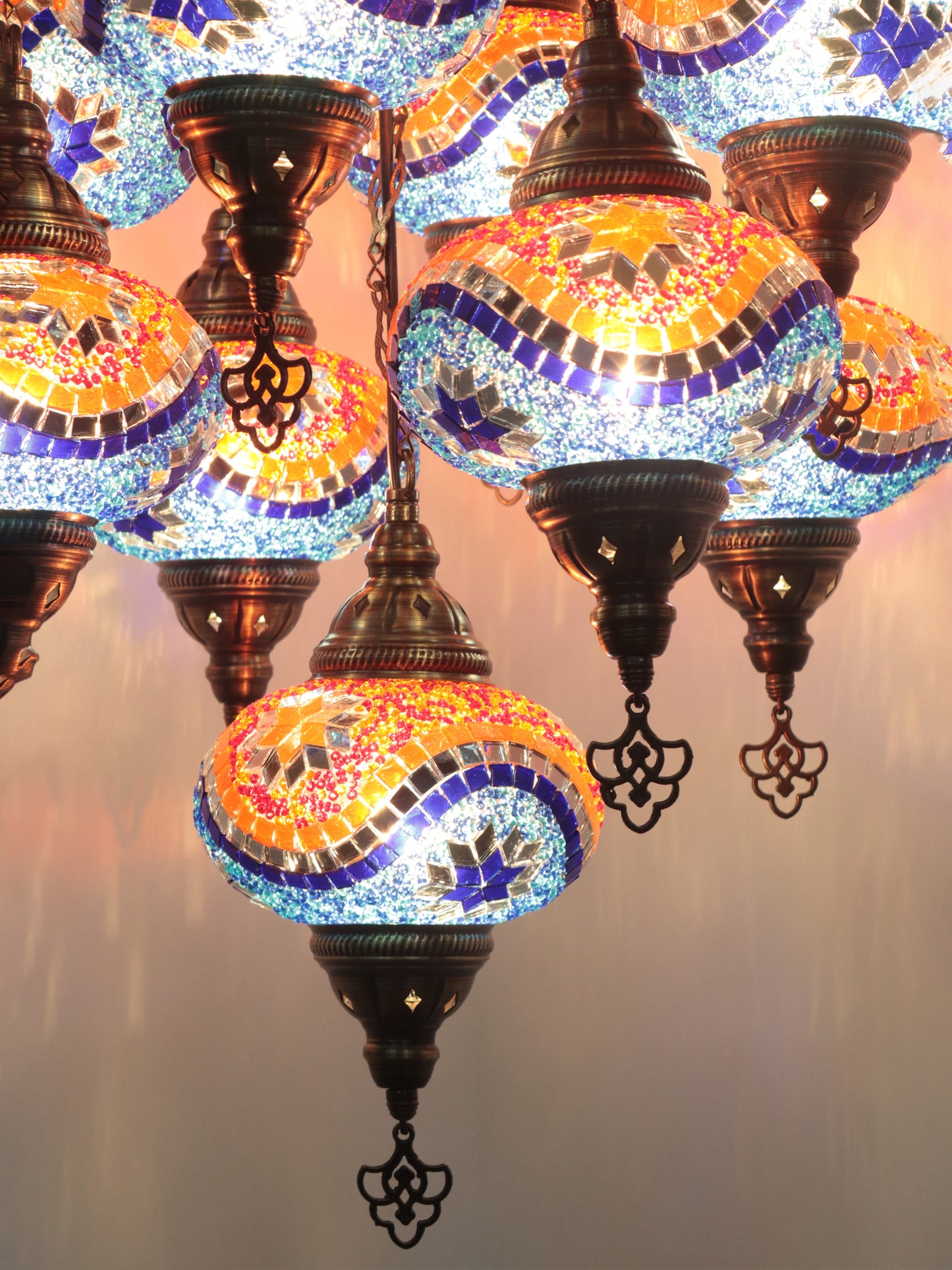 Turkish Mosaic Chandelier – 9 Globe Handmade Hanging Lamp Set