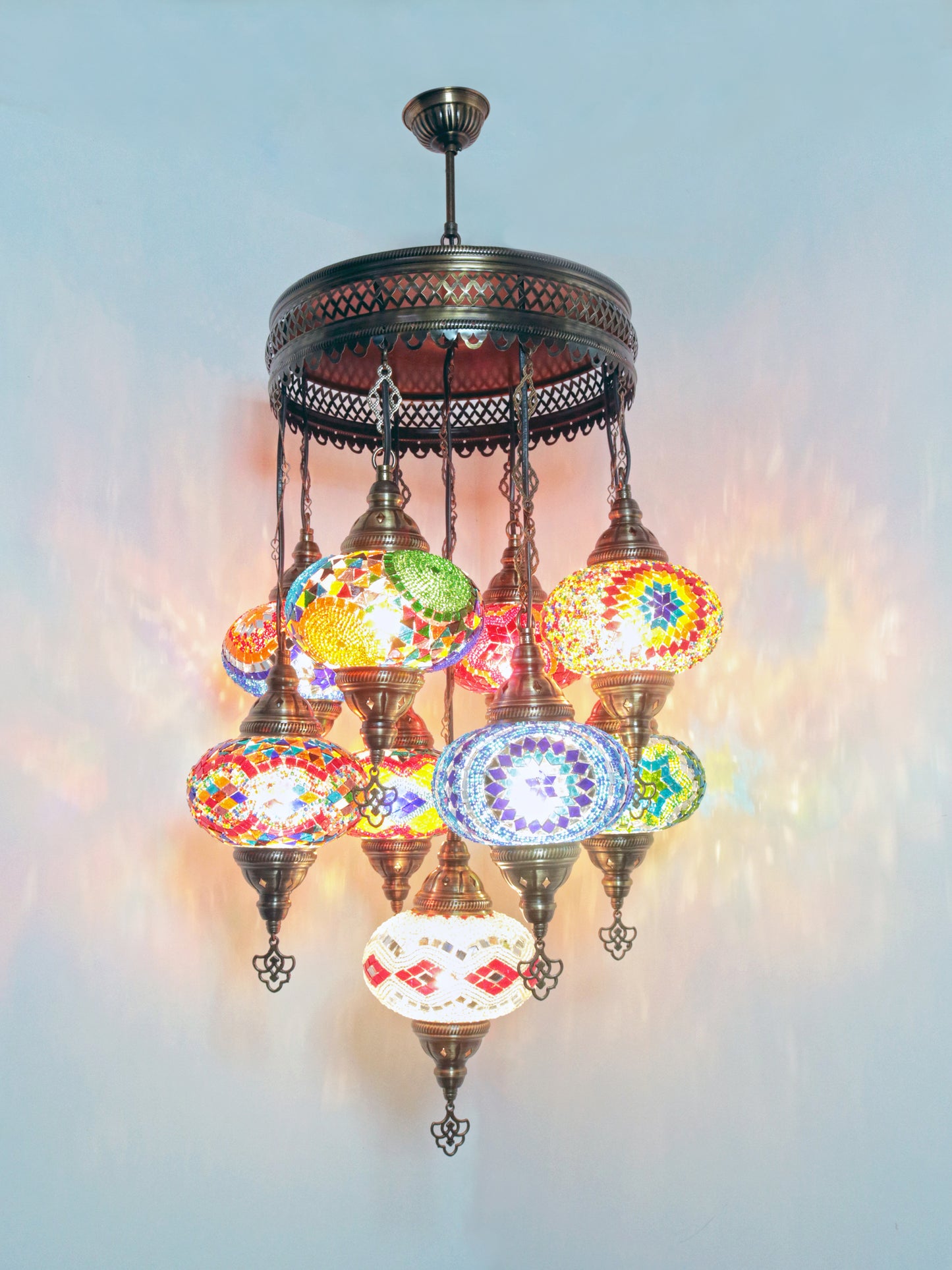Turkish Mosaic Chandelier – 9 Globe Handmade Hanging Lamp Set