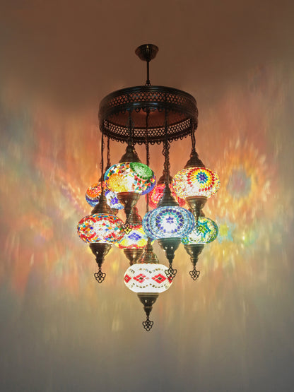 Turkish Mosaic Chandelier – 9 Globe Handmade Hanging Lamp Set