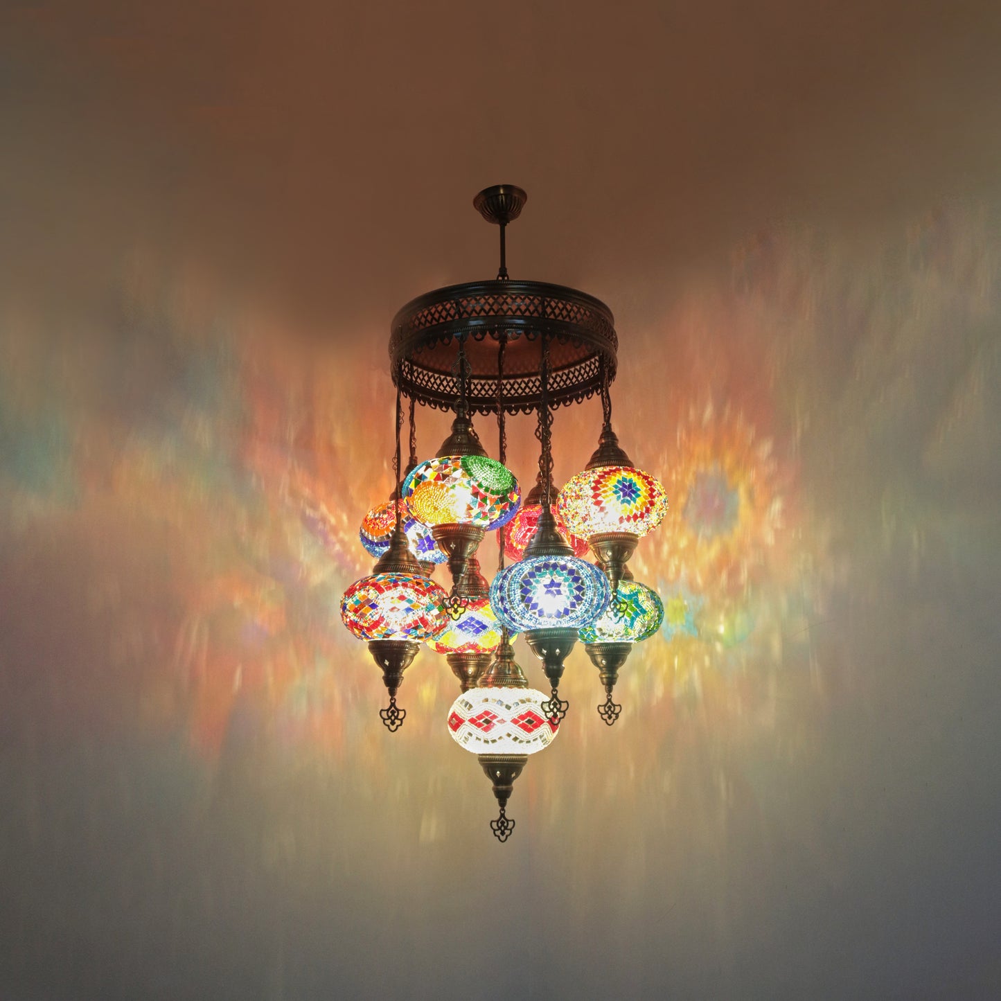 Turkish Mosaic Chandelier – 9 Globe Handmade Hanging Lamp Set