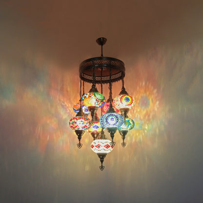Turkish Mosaic Chandelier – 9 Globe Handmade Hanging Lamp Set