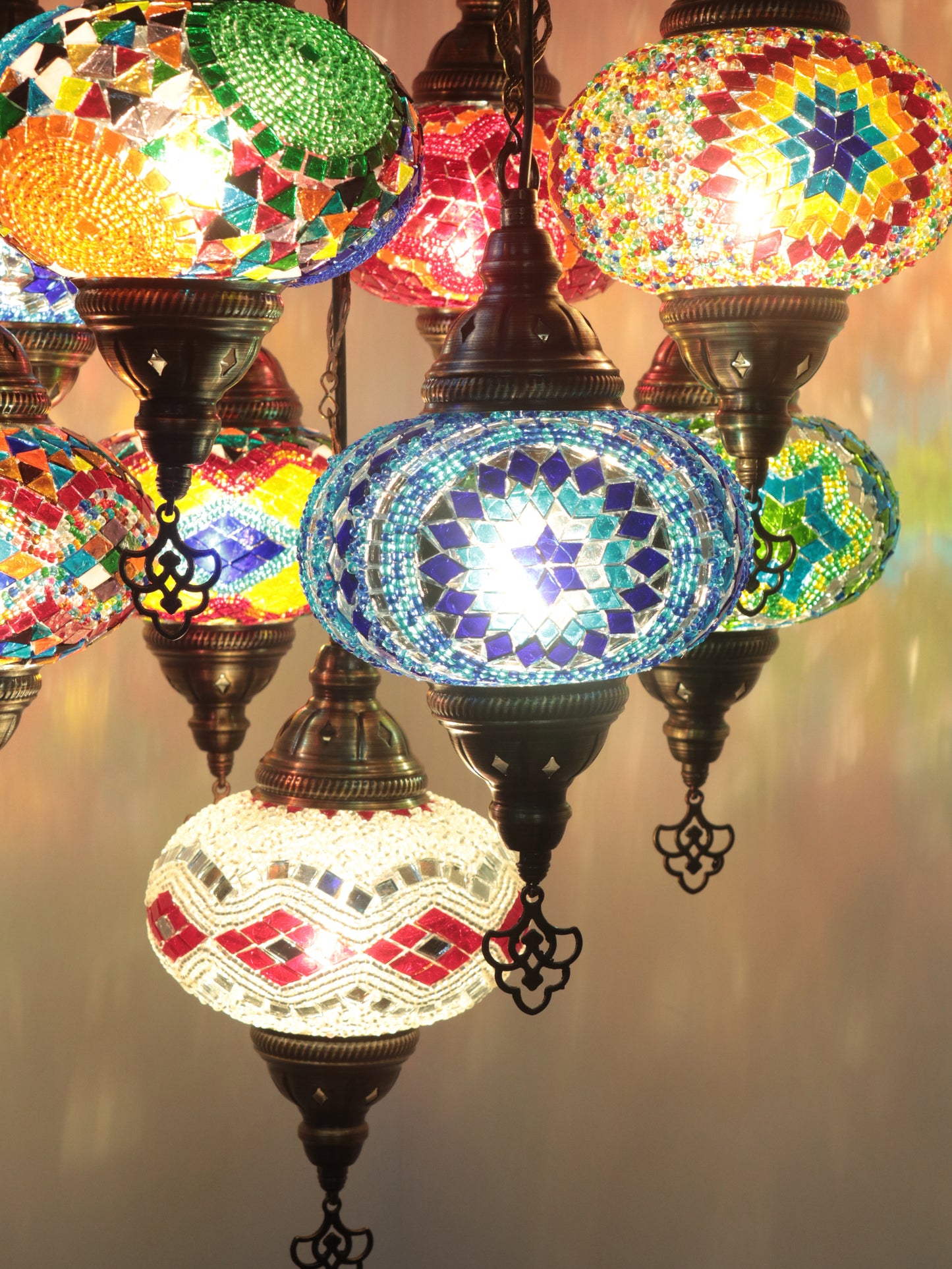 Turkish Mosaic Chandelier – 9 Globe Handmade Hanging Lamp Set