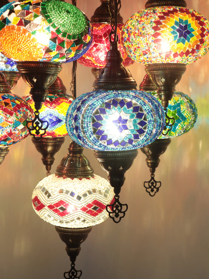 Turkish Mosaic Chandelier – 9 Globe Handmade Hanging Lamp Set