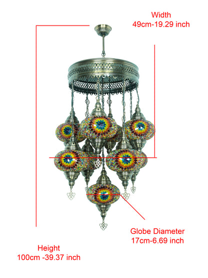Turkish Mosaic Chandelier – 9 Globe Handmade Hanging Lamp Set