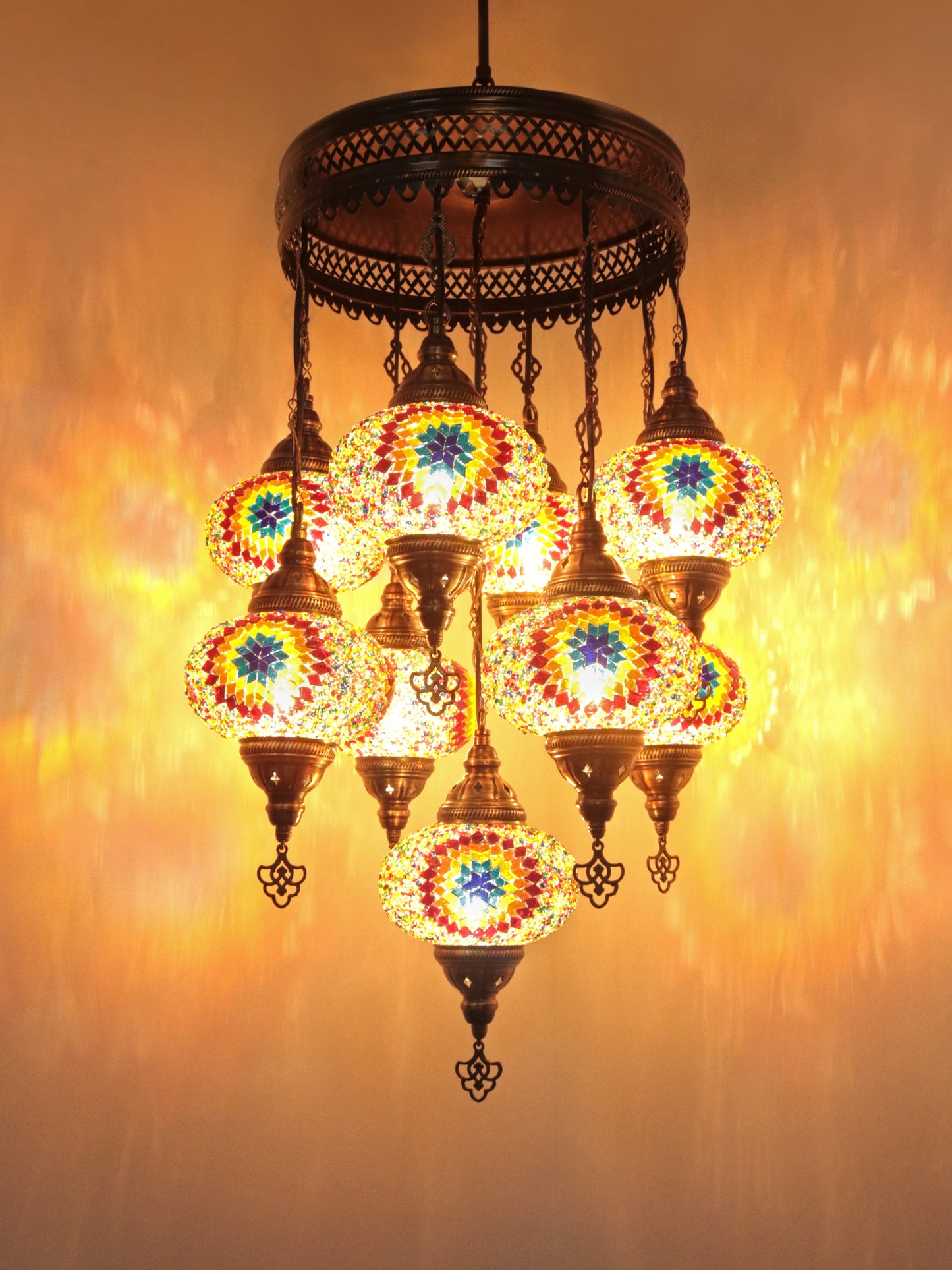 Turkish Mosaic Chandelier – 9 Globe Handmade Hanging Lamp Set