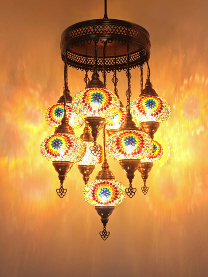 Turkish Mosaic Chandelier – 9 Globe Handmade Hanging Lamp Set