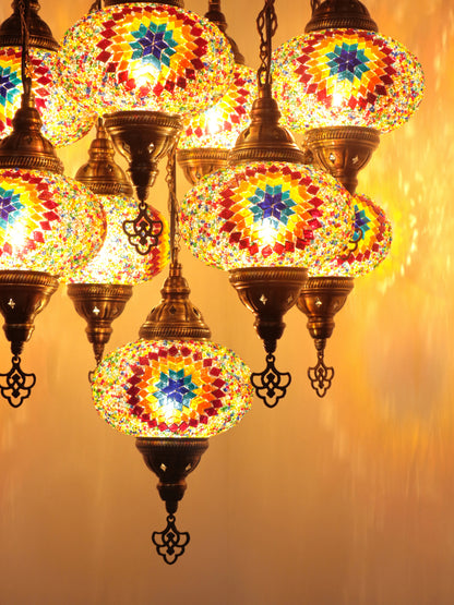 Turkish Mosaic Chandelier – 9 Globe Handmade Hanging Lamp Set