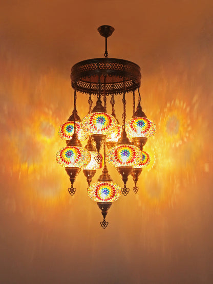 Turkish Mosaic Chandelier – 9 Globe Handmade Hanging Lamp Set