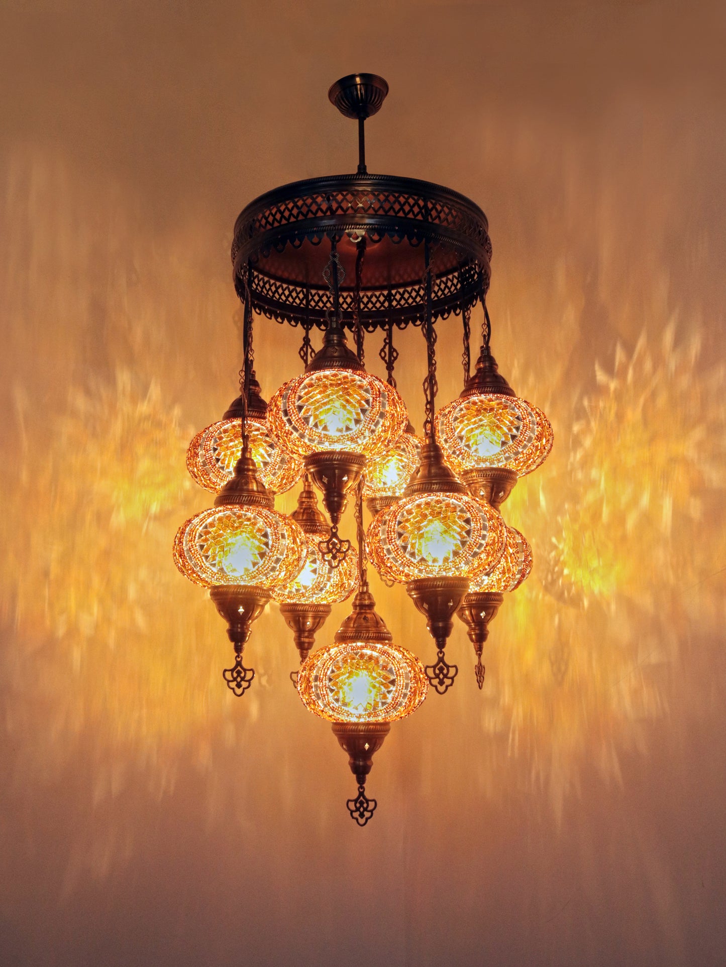 Turkish Mosaic Chandelier – 9 Globe Handmade Hanging Lamp Set