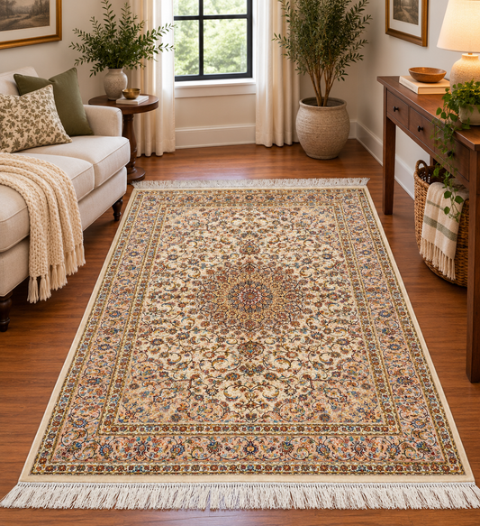 3x5 ft Silk Rug – Ivory Floral Medallion Design, Elegant Classic Luxury Area Rug