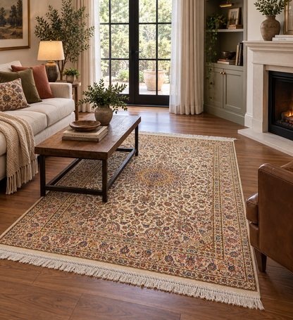 Ivory Bamboo Silk Rug 3x5 ft – Elegant Floral Medallion Silk Area Rug with Classic Ornamental Design