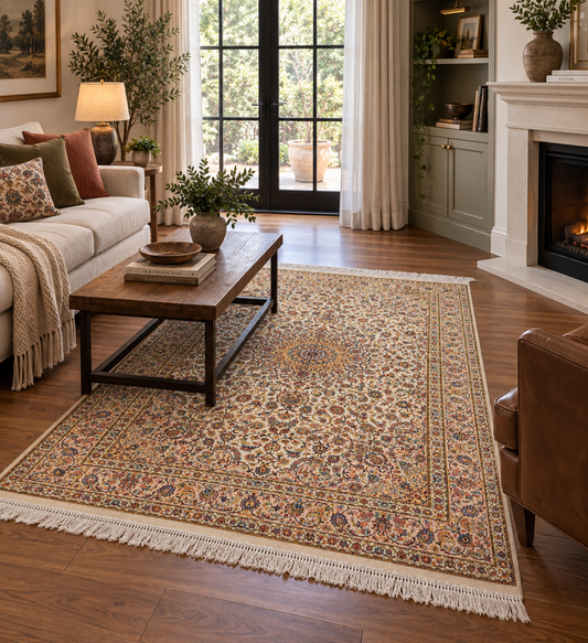 Ivory Bamboo Silk Rug 3x5 ft – Elegant Floral Medallion Silk Area Rug with Classic Ornamental Design