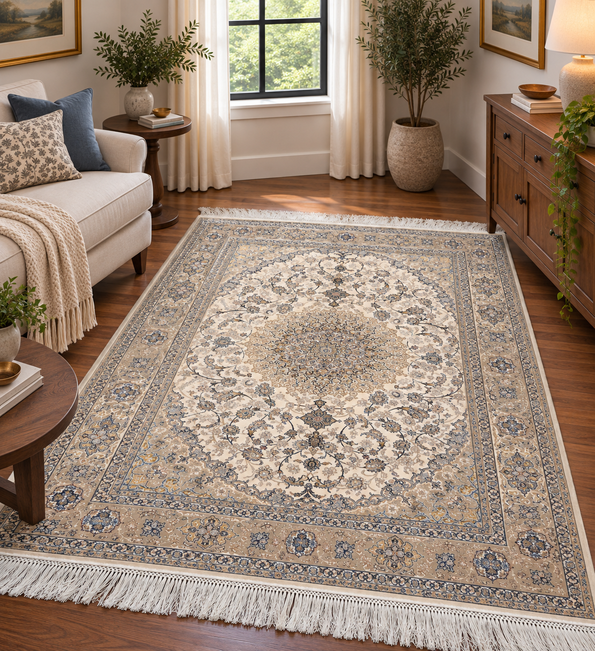 3x5 ft Ivory & Beige Bamboo Silk Rug – Classic Floral Medallion Design, Soft Blue Accents, Elegant Silk Area Rug