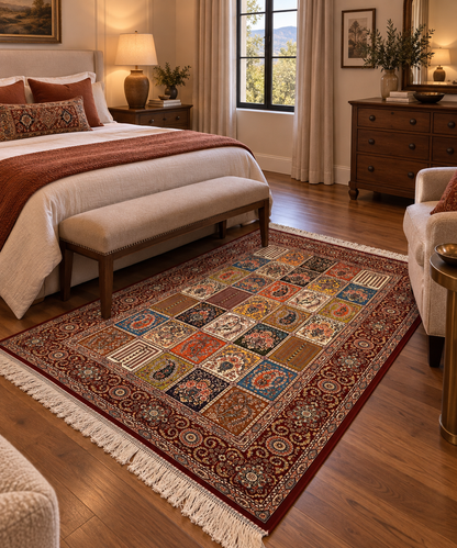 3x5 ft Burgundy Bamboo Silk Rug – Multicolor Garden Panel Design, Floral Luxury Silk Accent Rug for Living Room & Bedroom