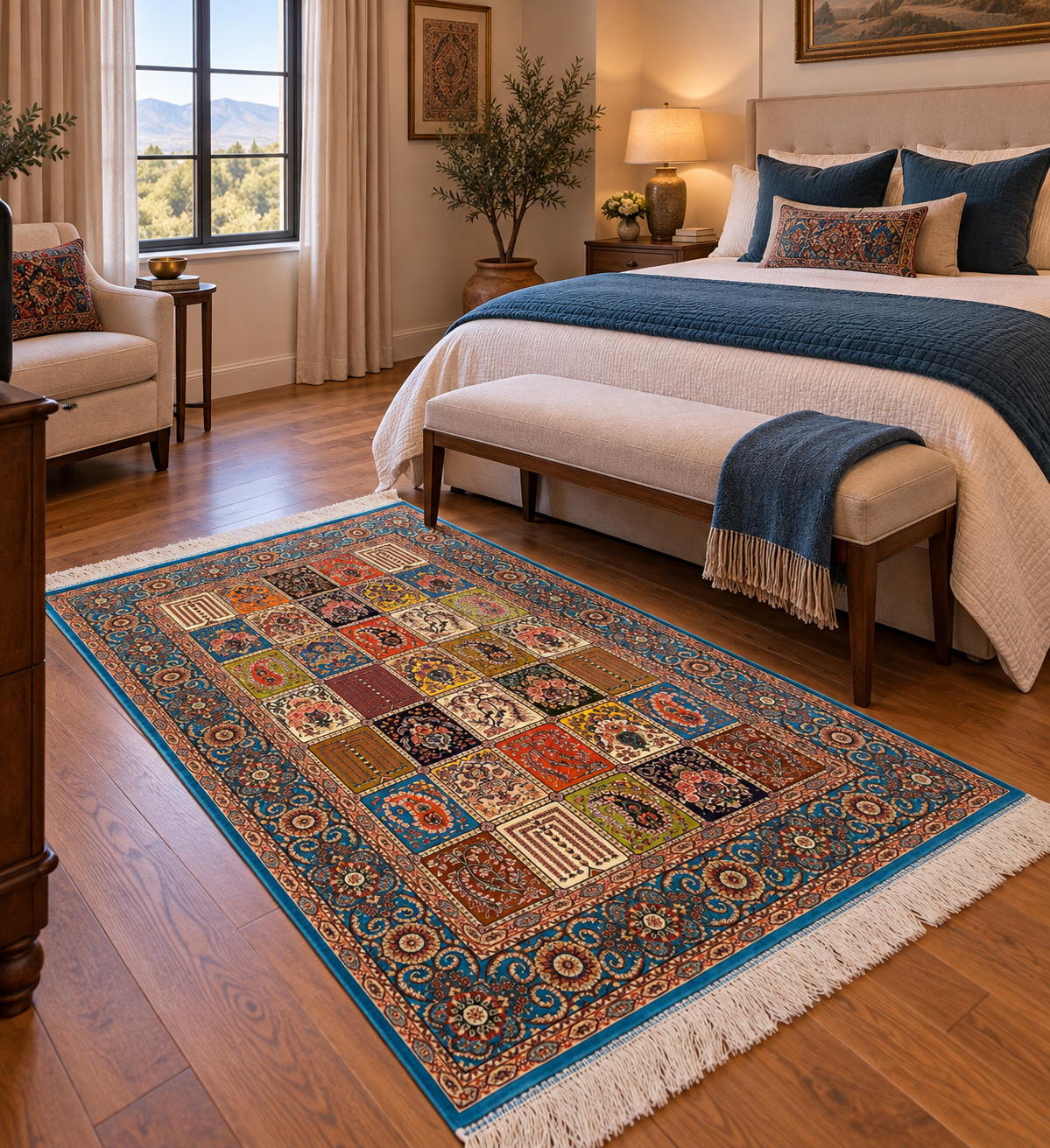 3x5 ft Multicolor Bamboo Silk Rug – Garden Panel Floral Design, Teal Blue Border, Luxury Silk Accent Rug for Living Room & Bedroom
