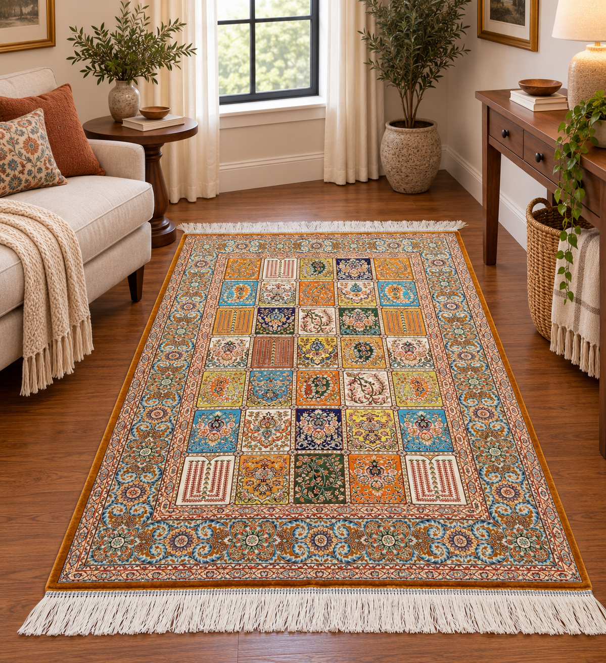 3x5 ft Silk Rug – Multicolor Garden Panel Design, Floral Luxury Area Rug