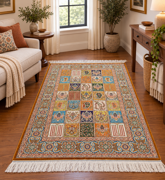 3x5 ft Silk Rug – Multicolor Garden Panel Design, Floral Luxury Area Rug