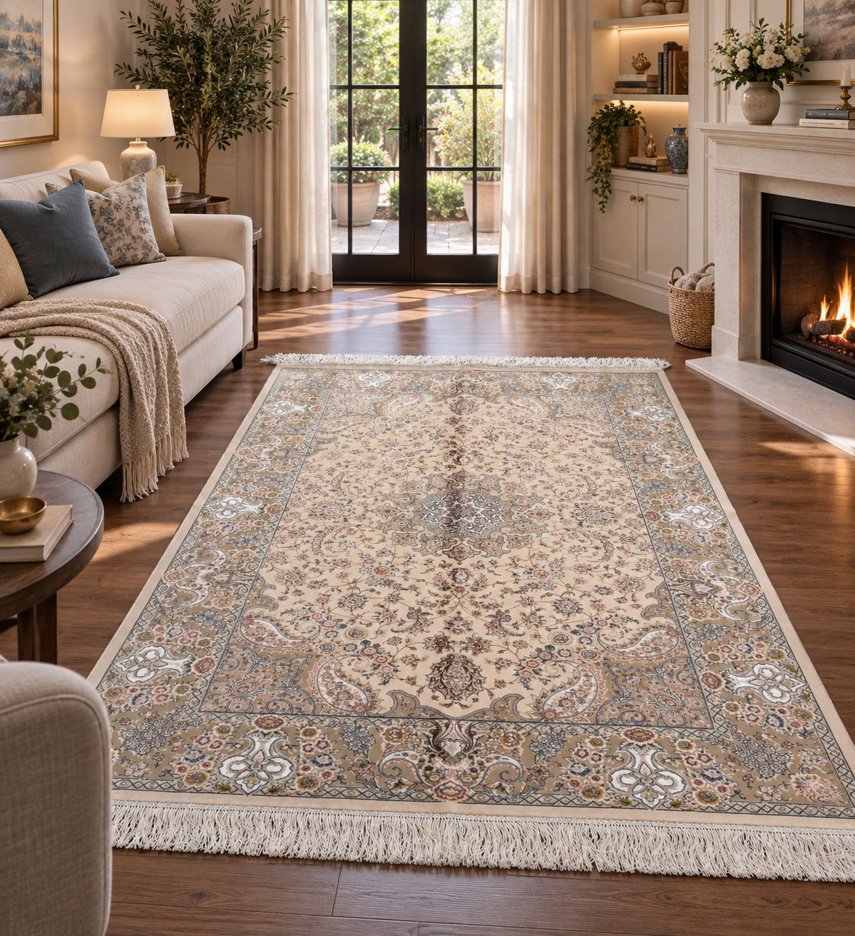 Cream Bamboo Silk Rug 3x5 ft – Elegant Floral Medallion Silk Area Rug for Bedroom, Entryway & Living Space