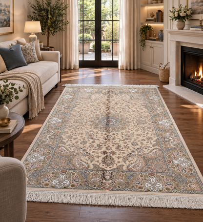 Cream Bamboo Silk Rug 3x5 ft – Elegant Floral Medallion Silk Area Rug for Bedroom, Entryway & Living Space