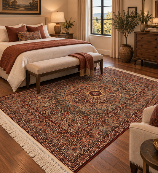 3x5 ft Burgundy Bamboo Silk Rug – Ornate Floral Medallion Design, Luxury Silk Accent Rug, Classic Statement Rug for Living Room & Bedroom