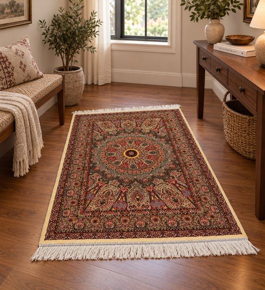 3x5 ft Ivory & Blue Bamboo Silk Rug – Ornate Medallion Floral Design, Luxury Silk Accent Rug for Living Room, Bedroom & Entryway