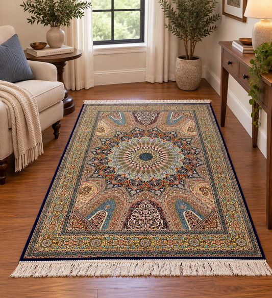 3x5 ft Silk Rug – Navy Blue & Turquoise Ornate Medallion Design, Luxury Area Rug