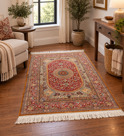 3x5 ft Red Bamboo Silk Rug – Ornate Floral Medallion Design, Luxury Silk Rug, Elegant Classic Accent Rug for Living Room & Bedroom