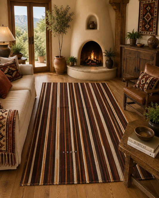 Vintage Turkish Striped Kilim Rug 8’5” x 6’6”, Handwoven Wool Flatweave, Anatolian Tribal Rug, Rustic Southwestern Farmhouse Decor