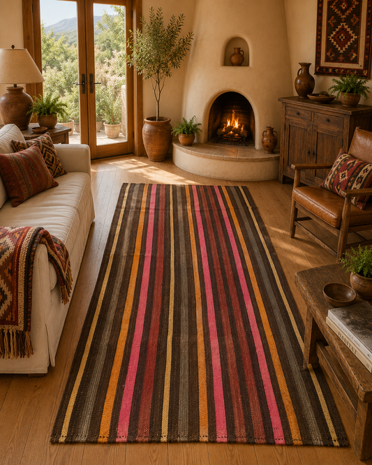 Vintage Turkish Striped Kilim Runner Rug 8’6” x 4’, Handwoven Wool Flatweave, Anatolian Tribal Rug, Rustic Southwestern Farmhouse Decor