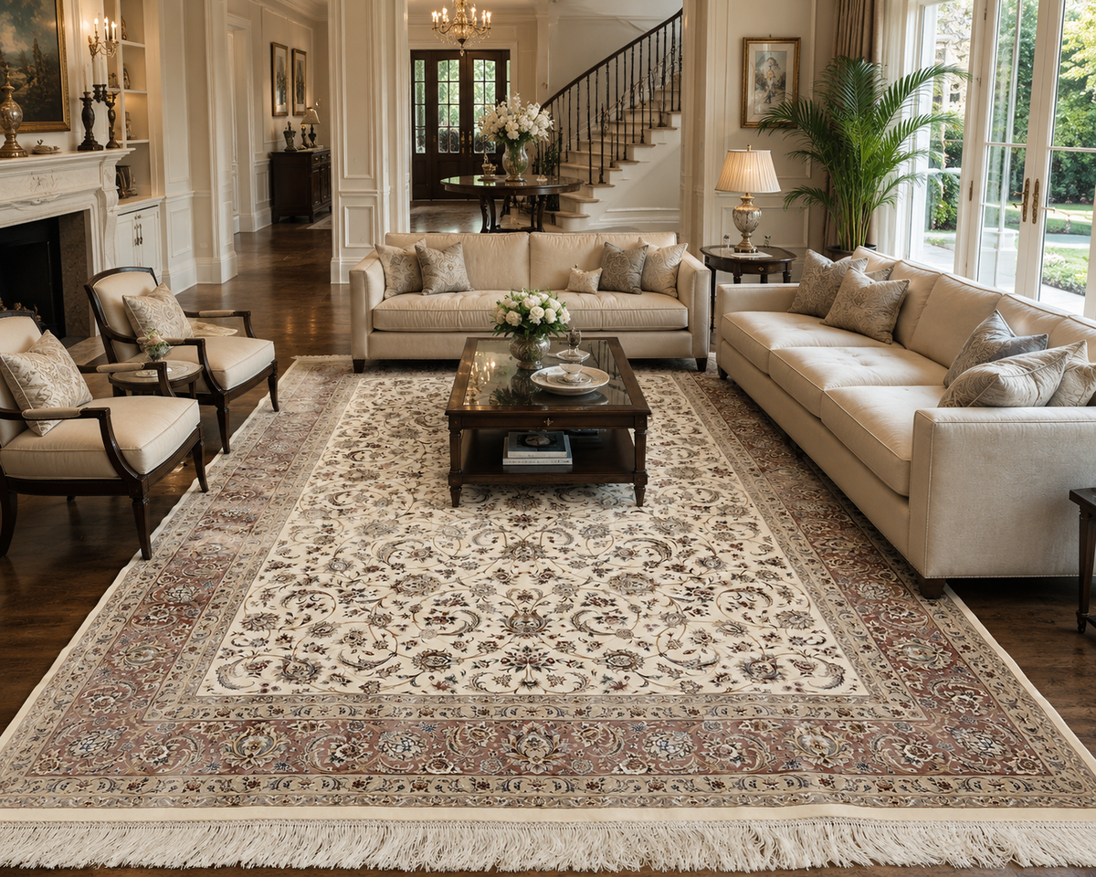 7×10 ft Silk Rug – Ivory & Soft Pink Floral Area Rug, Elegant Traditional Turkish Design, Luxury Large Rug