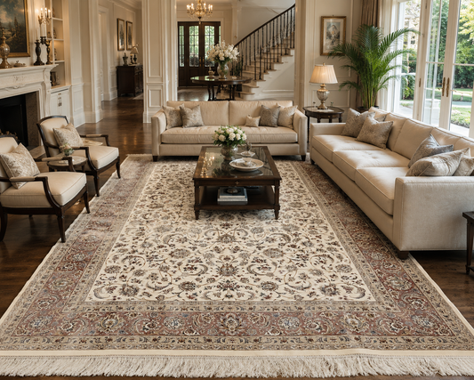 Luxury Turkish Bamboo Silk Area Rug 6.5x9.8 ft, Cream Floral Oriental Hereke Style Rug