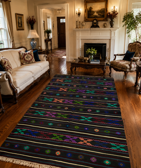 85” × 55” Vintage Hand-Embroidered Turkish Kilim Rug – Handwoven Wool Flatweave – Colorful Anatolian Tribal Design – One-of-a-Kind Vintage Decor