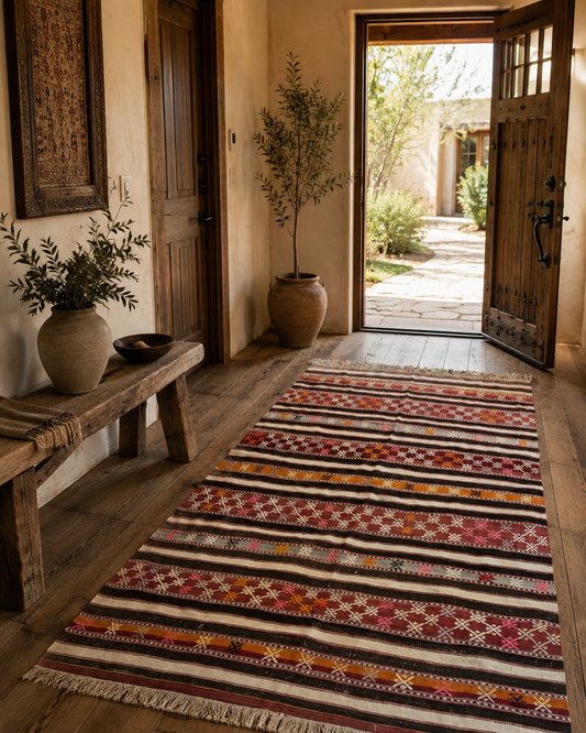 76” × 57” Vintage Hand-Embroidered Turkish Kilim Rug – Handwoven Wool Flatweave – Authentic Anatolian Tribal Design – One-of-a-Kind Vintage Decor