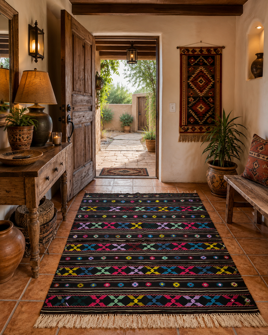 84” × 62” Vintage Hand-Embroidered Turkish Kilim Rug – Handwoven Wool Flatweave – Colorful Anatolian Tribal Design – One-of-a-Kind Antique Decor