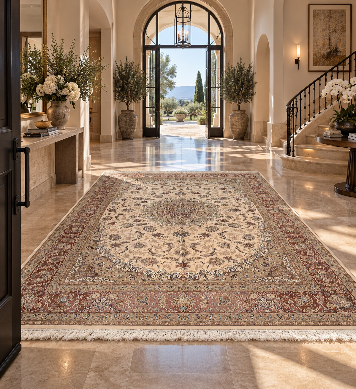 8×12 ft Silk Rug – Ivory, Blush Pink & Beige Medallion Area Rug, Luxury Floral Turkish Design, Extra Large Rug