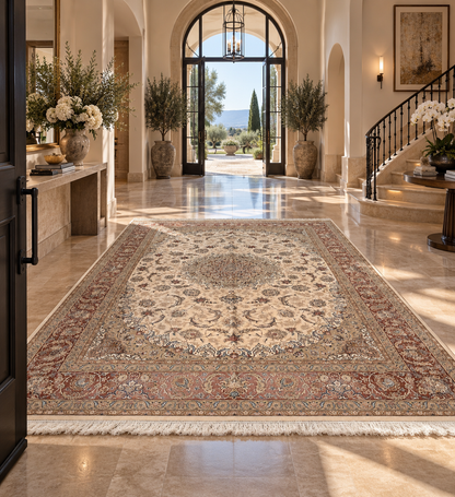 8×12 ft Silk Rug – Ivory, Blush Pink & Beige Medallion Area Rug, Luxury Floral Turkish Design, Extra Large Rug