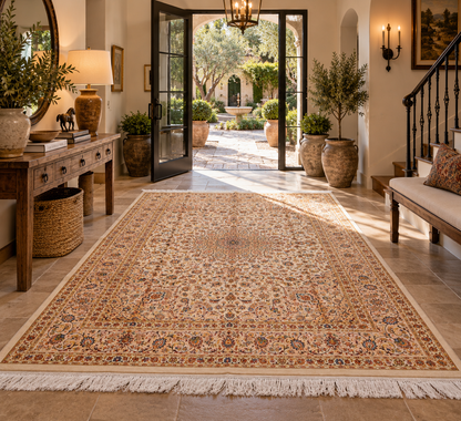 7x10 ft  Silk Rug – Ivory & Peach Floral Medallion Area Rug, Elegant Traditional Design